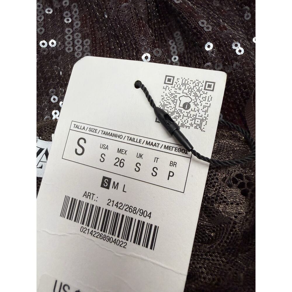 NWT Zara Sequin Lace Boat Neck Top Brown Shimmer Long Sleeve Blouse S - Picture 11 of 11